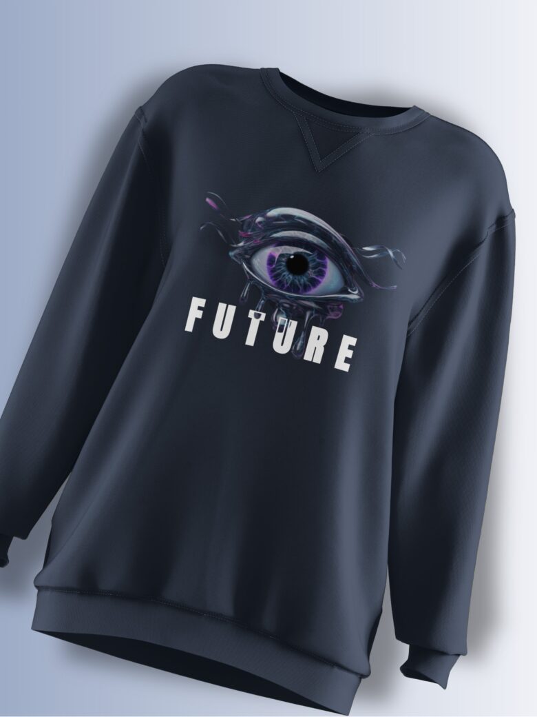 Dark oversized sweatshirt featuring a futuristic cyber eye design with 'FUTURE' typography.