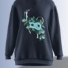 Navy blue fleece sweatshirt with an elegant 'LOVE' typography design adorned with blue roses and green leaves.