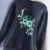 Navy blue fleece sweatshirt with an elegant 'LOVE' typography design adorned with blue roses and green leaves.