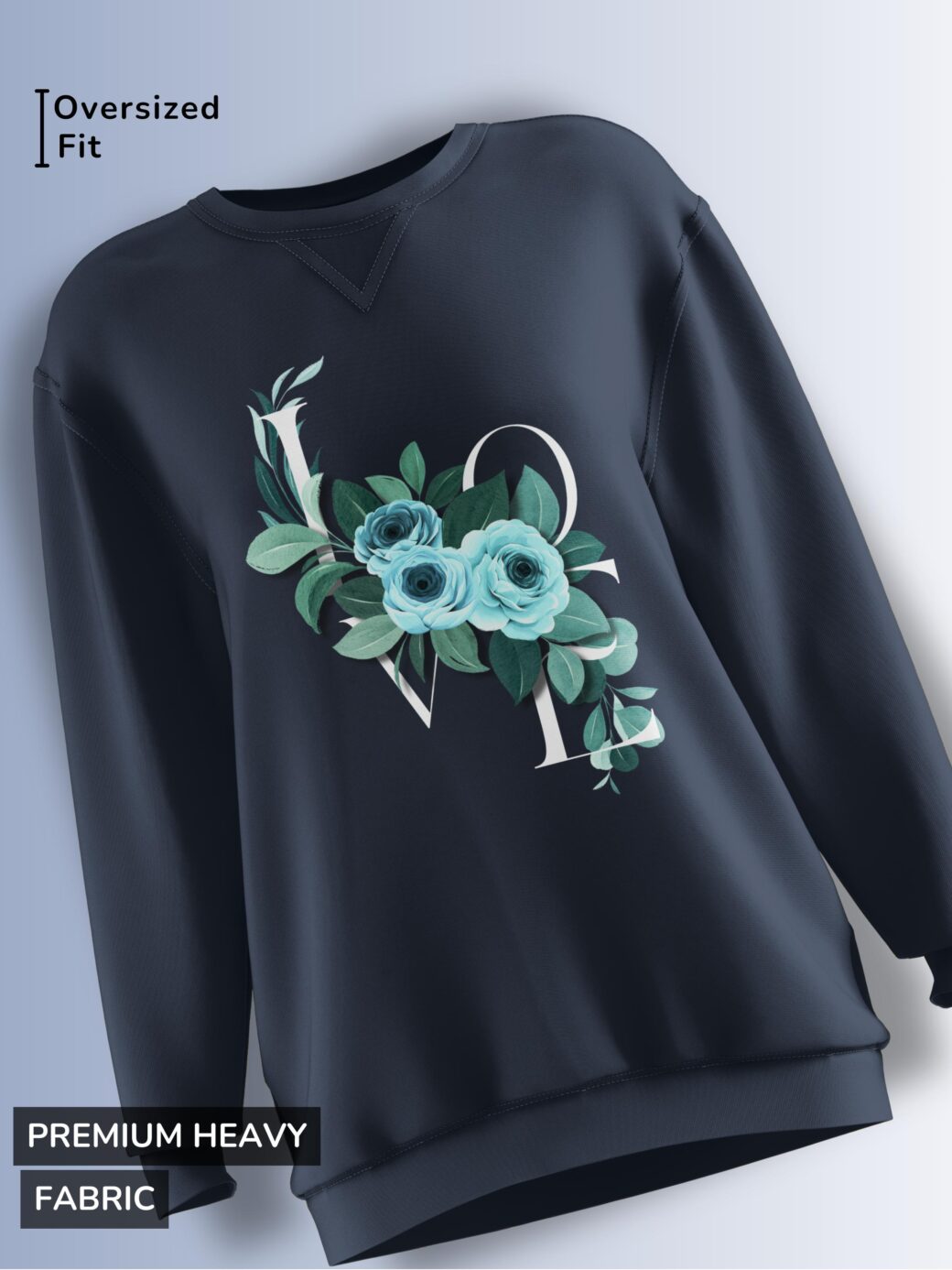 Navy blue fleece sweatshirt with an elegant 'LOVE' typography design adorned with blue roses and green leaves.