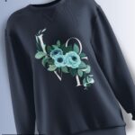 Navy blue fleece sweatshirt with an elegant 'LOVE' typography design adorned with blue roses and green leaves.