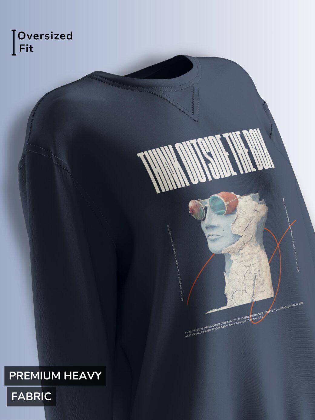 Dark oversized sweatshirt with a surrealistic graphic design and bold 'Think Outside the Box' typography.