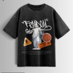 Distressed black oversized T-shirt with 'FREEDOM' graffiti text, classical statue graphic, and freedom definition text.