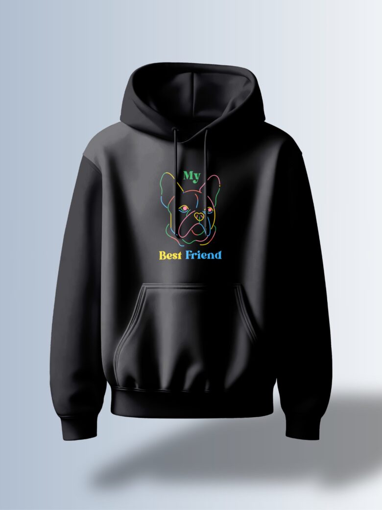 Black hoodie with a colorful line-art graphic of a French Bulldog and the text "My Best Friend."