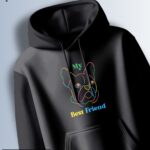 Black hoodie with a colorful line-art graphic of a French Bulldog and the text "My Best Friend."