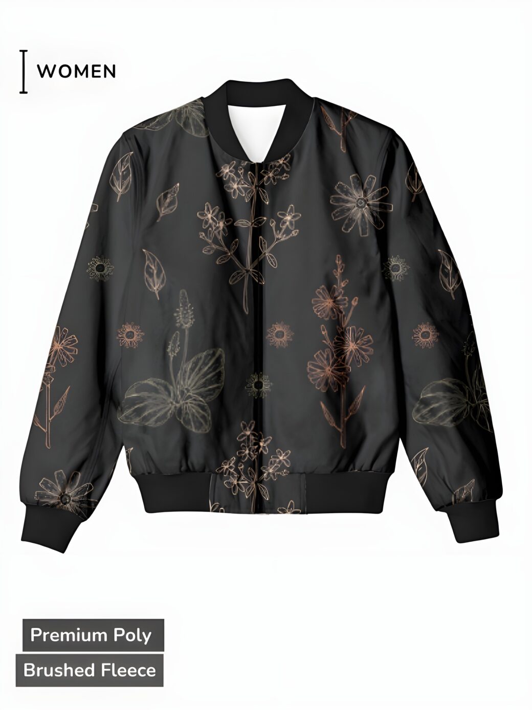 A charcoal women's bomber jacket with delicate, golden-toned floral illustrations, creating a sophisticated and romantic design.