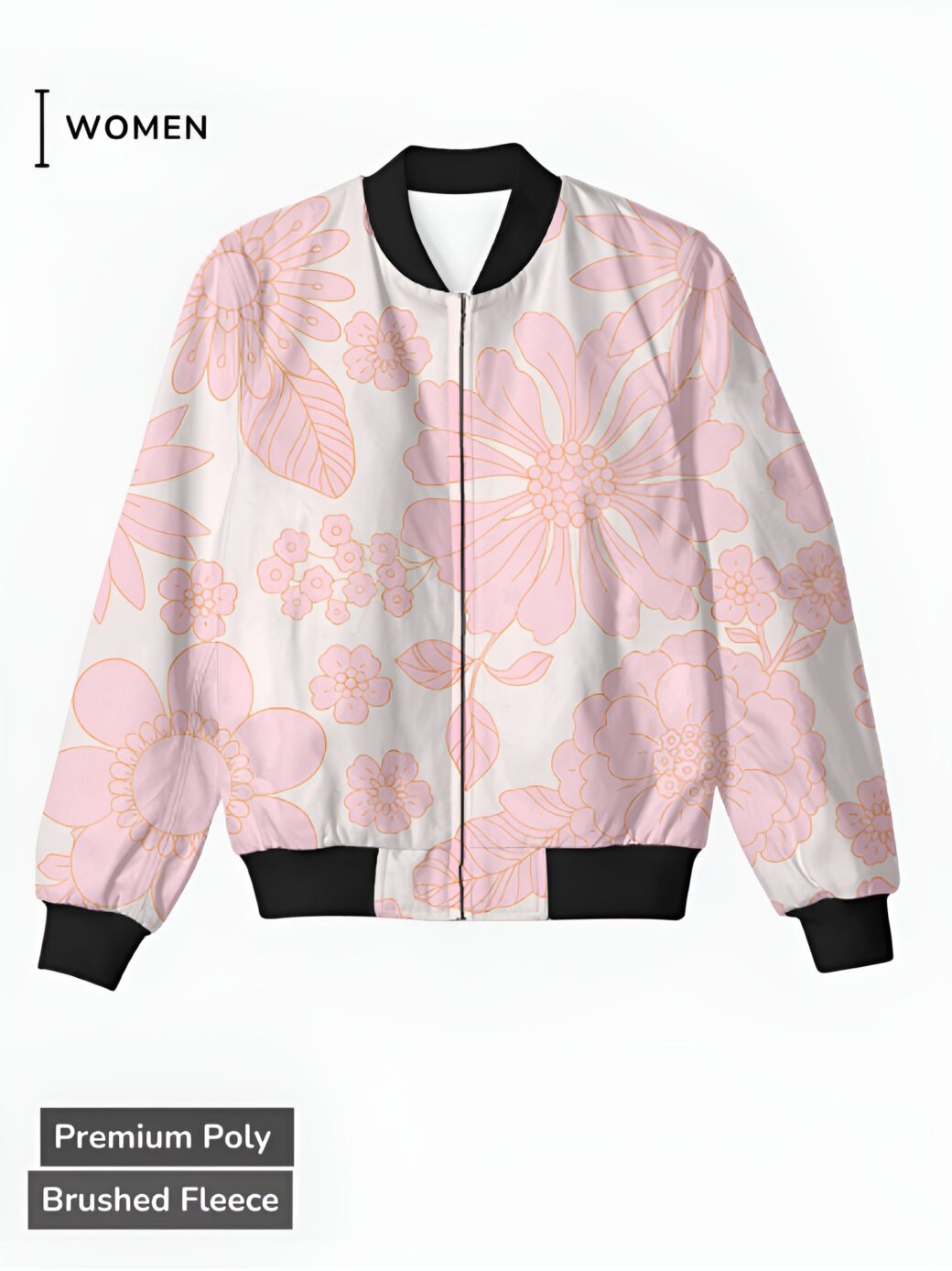 A pink and off-white women's bomber jacket with a soft, stylized floral pattern, creating a dreamy and feminine design.