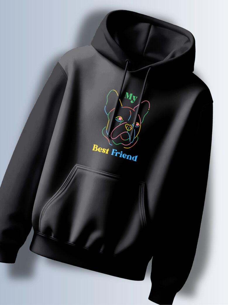 Black hoodie with a colorful line-art graphic of a French Bulldog and the text "My Best Friend."