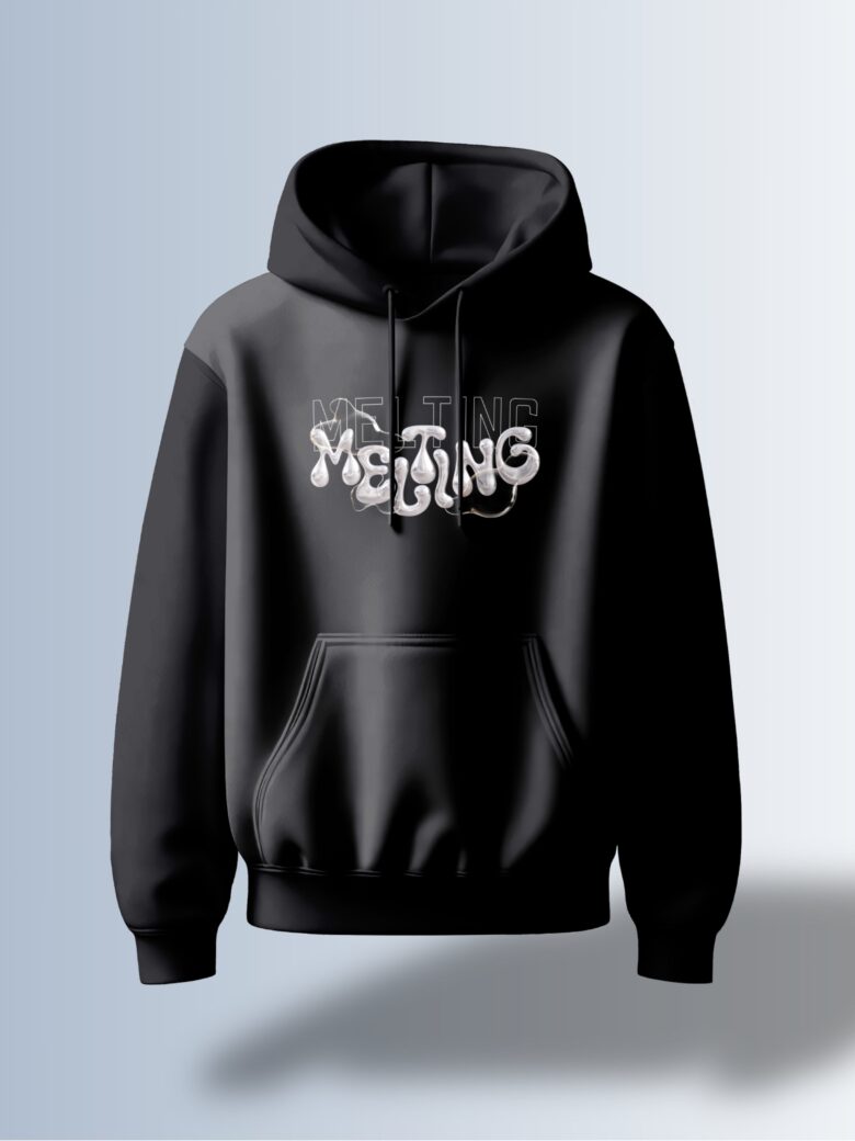 Black hoodie with the word "MELTING" in a fluid, liquid-like font and the outline of "MEITING" above it.