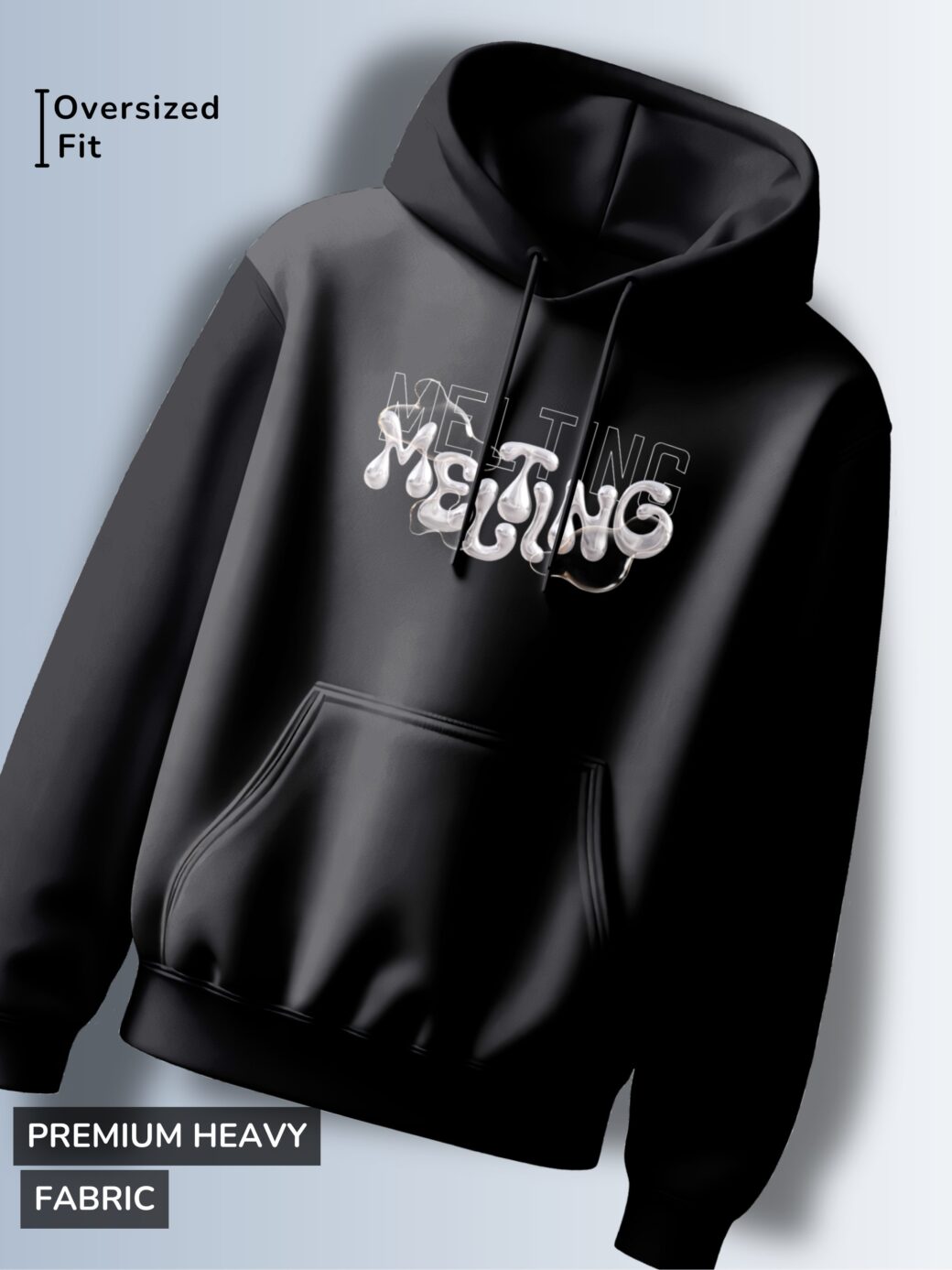 Black hoodie with the word "MELTING" in a fluid, liquid-like font and the outline of "MEITING" above it.