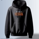 Black hoodie with the word "STAY" in small white letters above the word "ALONE" in large, outlined, orange letters.