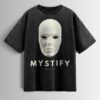 Distressed black oversized T-shirt with a blank mask graphic, 'MYSTIFY' text, and 'EST 2025' text.