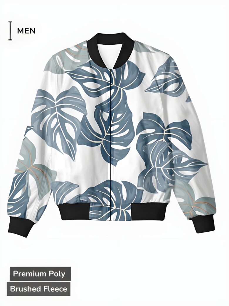 A white bomber jacket with a blue-gray Monstera leaf pattern, offering a nature-inspired and stylish look.