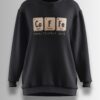 Black sweatshirt featuring a chemistry-inspired design spelling 'Co-Fe' with periodic table elements and the phrase 'Makes Perfect Sense' below.