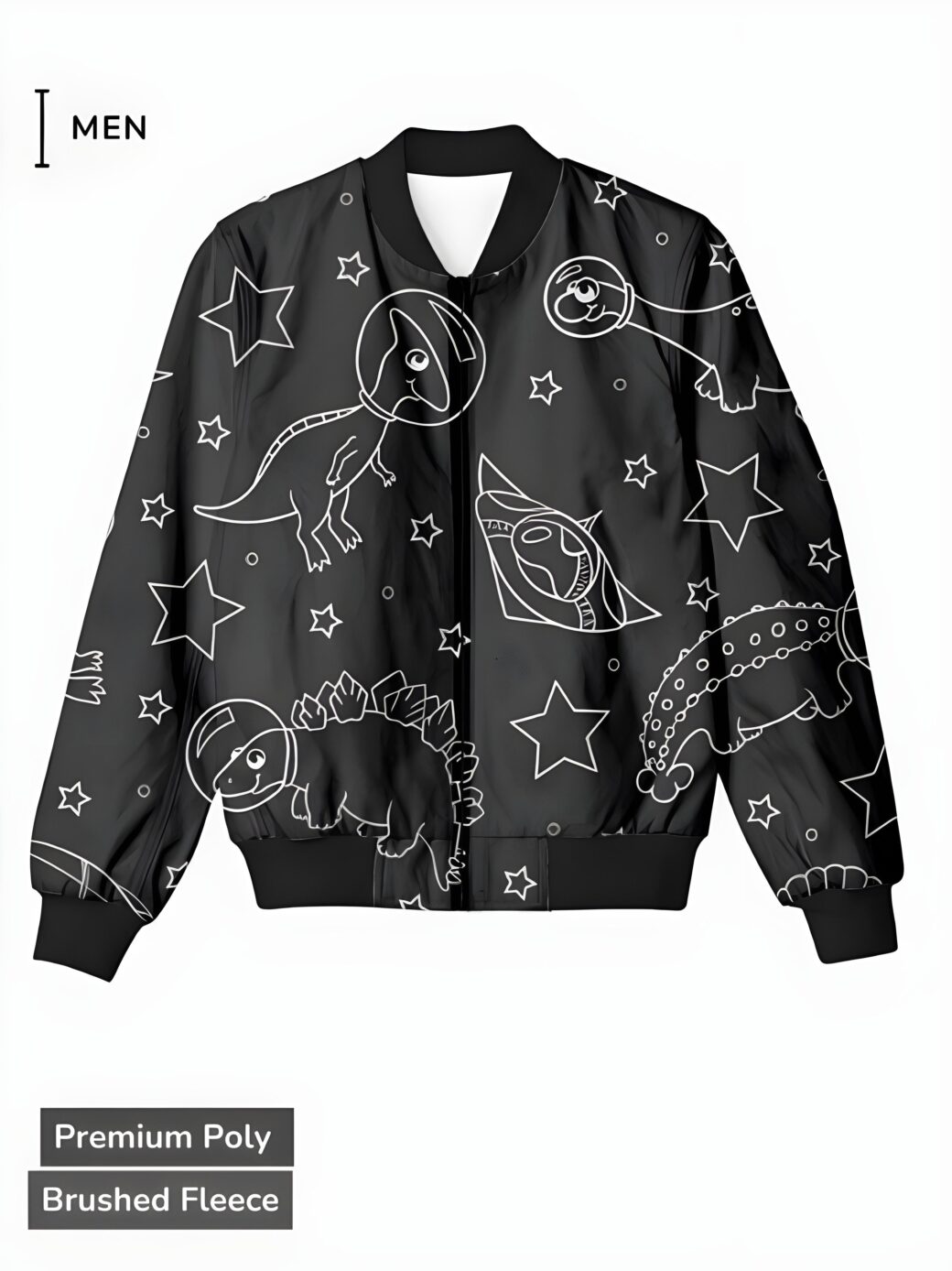 A black bomber jacket with white line-art dinosaurs and stars, creating a playful and whimsical design.