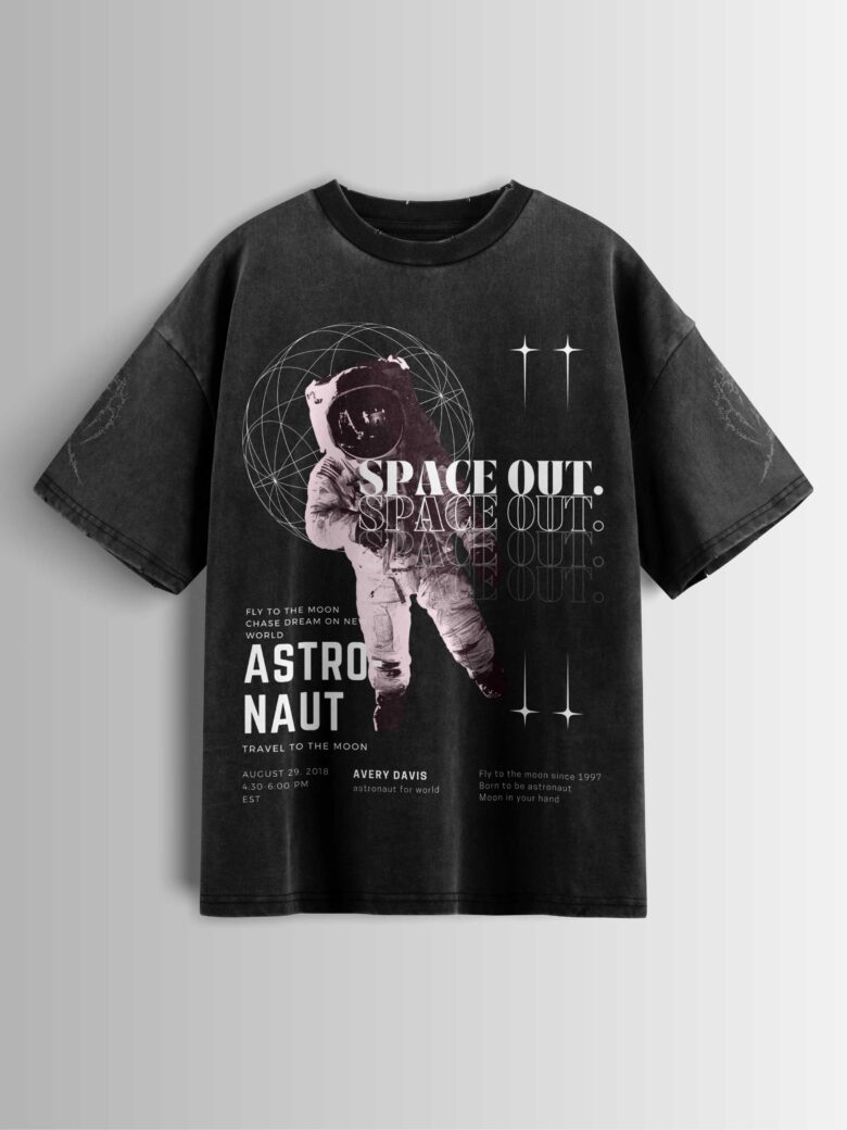 Distressed black oversized T-shirt with an astronaut graphic, 'SPACE OUT' text, and vintage-style space exploration details.