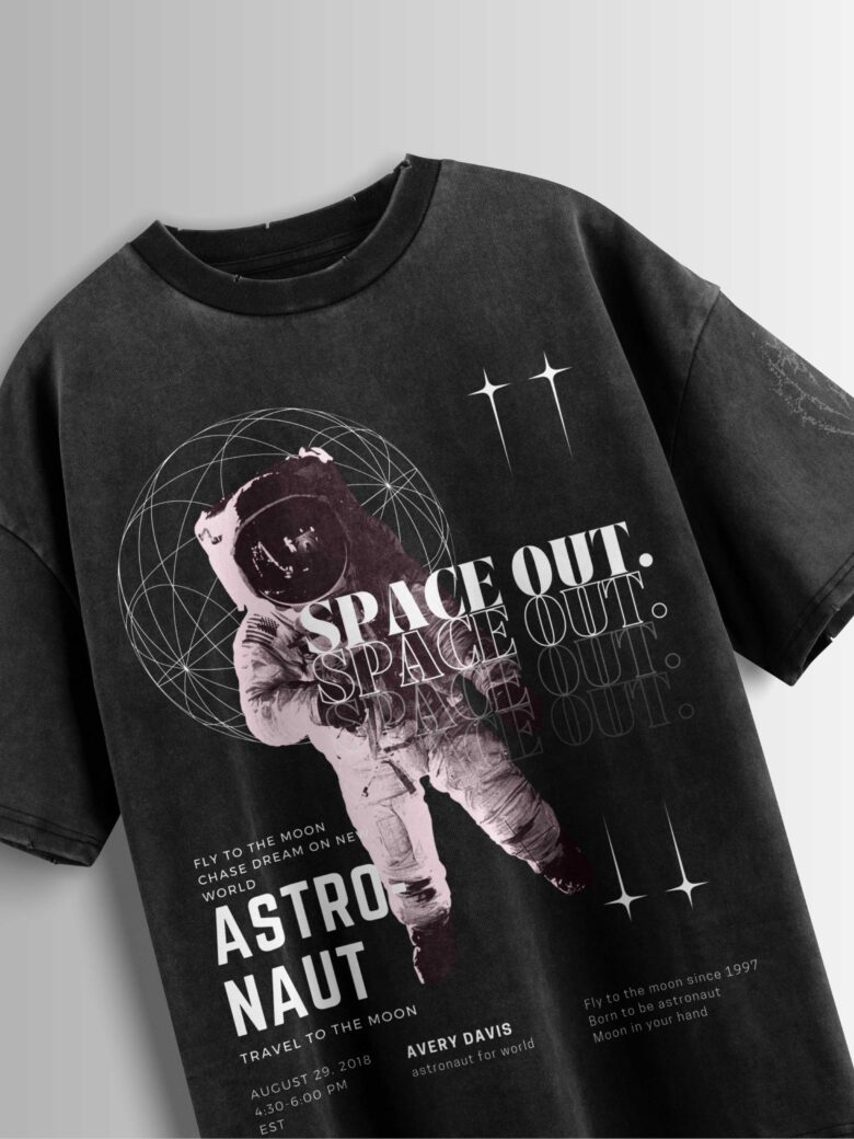 Distressed black oversized T-shirt with an astronaut graphic, 'SPACE OUT' text, and vintage-style space exploration details.