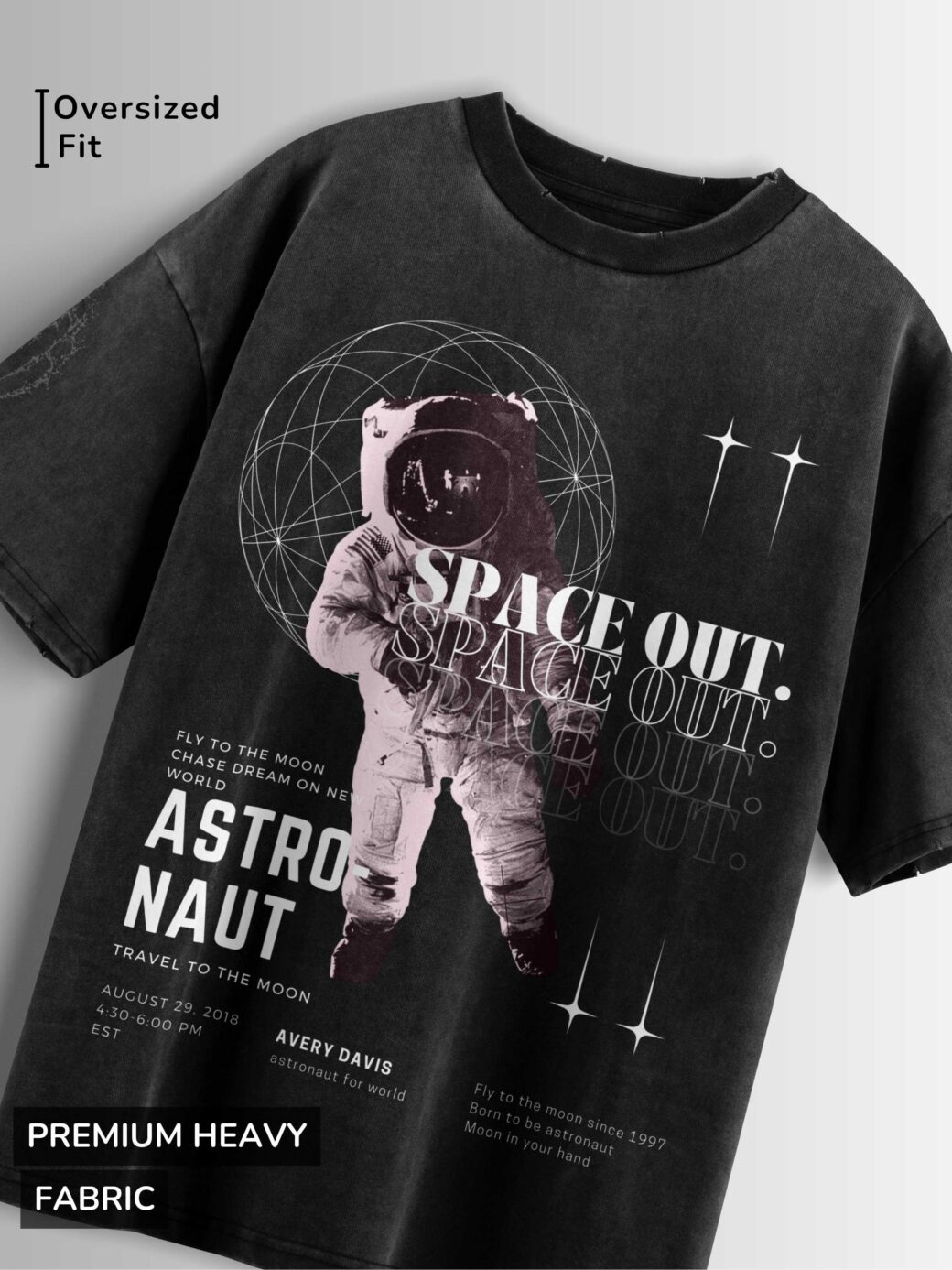 Distressed black oversized T-shirt with an astronaut graphic, 'SPACE OUT' text, and vintage-style space exploration details.