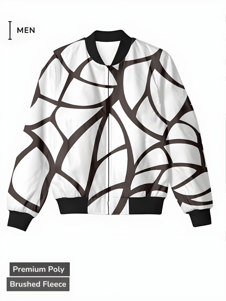 A white bomber jacket with a bold black spider web design, creating a striking and edgy look.