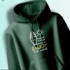 Dark green hoodie with a graphic of a stylized surfboard, sun, and waves, and the text "ENJOY THE WAVE."