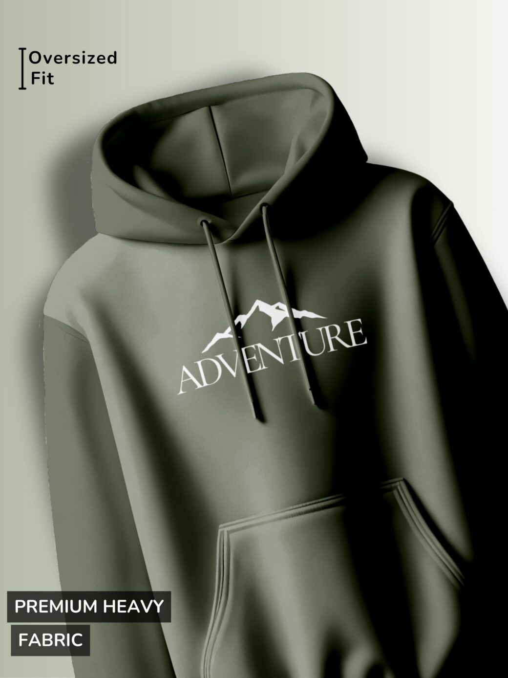 Dark olive hoodie with a white graphic of a stylized mountain range and the text "ADVENTURE."